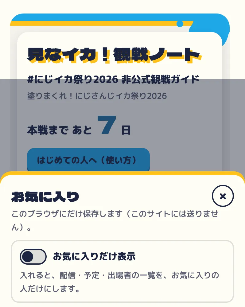お気に入りの面。「お気に入りだけ表示」のスイッチ、選んでいる人、チームとメンバーのタブ、名前で探す欄、チームの一覧