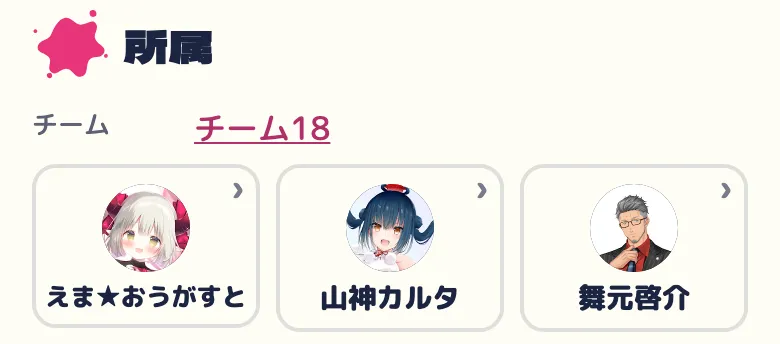 メンバーのページの「所属」。チームへのリンクと、同じチームの3人のカード