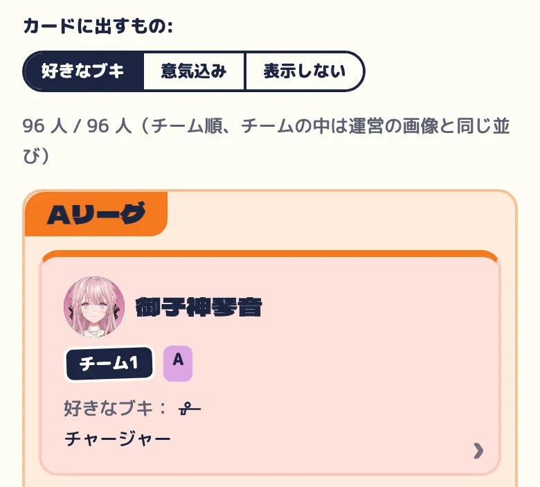 メンバーの一覧。カードに出すもの(好きなブキ・意気込み・表示しない)の切り替えと、メンバーのカード(チーム・グループ・好きなブキと種類のアイコン)