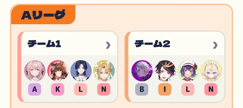 出場者のページのチームの表。A リーグの面に、チーム1・チーム2 のカード(メンバー4人のアイコンとグループの文字)